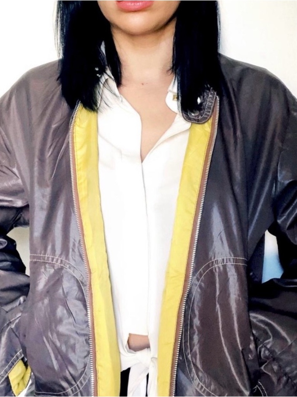 Womens Gray Zip-Front Jacket with Yellow Trim